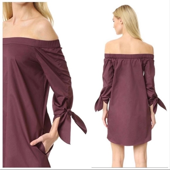 Tibi off shoulder plum tie sleeve chambray cotton mini dress - Picture 2 of 13